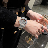 时来运转手表满天星镶钻旋转大表盘抖音网红同款五芒星虫洞概念手表男士潮流雪花女神女表 五芒星银壳白皮