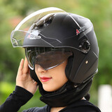 安迪亚新国标电动车头盔3c认证男女士四季通用骑行半盔双镜片带可拆围脖冬天冬季保暖电瓶车踏板车安全帽 【哑黑】双镜+可拆围脖