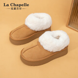 拉夏贝尔冬季雪地靴2024新款加绒保暖毛毛棉拖鞋设计东北大棉鞋休闲棉拖 驼色 有跟 36