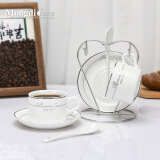 Mongdio欧式陶瓷咖啡杯套装拿铁杯家用挂耳美式杯碟2件套情侣杯碟 银边（2杯2碟2勺+银色心形杯架）