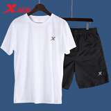特步（XTEP）男装短袖休闲t恤夏季冰丝感宽松速干男士上衣跑步健身服运动短袖 白色-（短袖+短裤套装） L （175/96A）【现货速发】