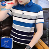 NASA短袖t恤男士夏季翻领衣服95棉有领保罗男装条纹拼色修身时尚带领男装 8017蓝色 XL