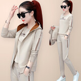 言楚雨尘 春秋季时尚休闲运动套装女三件套春秋装韩版棉质马甲卫衣运动服 2919款-杏色【春秋款】三件套 XL/建议体重108-120斤左右