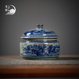 来尊景德镇仿古手绘茶叶罐青花千里江山中式陶瓷普洱茶盒茶罐茶道配件 老陶泥茶叶罐【青红山水】简装