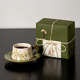 SUCCOHOMEWARE小清新花卉咖啡杯套装礼盒 ins风复古陶瓷马克杯新婚礼物搬家乔迁 百合绿(一杯一碟)礼品包装