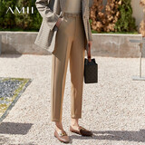 AMII女装2025线雕裤子职业休闲裤秋季新款宽松直筒裤高腰九分 卡其 S 155/64A
