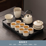 瓷牌茗茶具 汝窑茶具套装茶壶盖碗茶杯整套家用开片功夫茶具办公茶盘小套组 御煌提梁壶盖碗8杯13件+胡桃茶盘