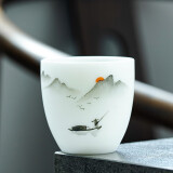 钰铨龙门 白瓷茶杯 羊脂玉瓷素烧手绘水墨陶瓷主人茶杯喝茶品茗杯礼盒装 手绘水墨迎福杯-款式1 100ml