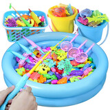 艾福儿钓鱼玩具儿童戏水宝宝捞鱼磁性鱼竿3-6岁玩新年礼物  50件钓鱼套装【2桶1篮+圆池】