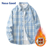 NASA GOOD加绒长袖衬衫男秋冬季韩版潮流格子衬衣青年休闲保暖外套 蓝XL