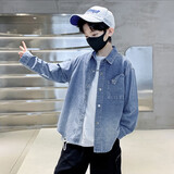 芭梵鼠大童男装6-15岁秋季衬衫男童春天初中学生男孩12学生外套牛仔衬衣 青少年长袖休闲衬衫 150