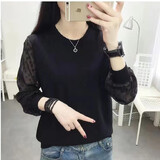 纤芸沐针织衫女春秋季女装毛衣打底衫女休闲时尚拼接雪纺袖缕空上衣女 黑色 3XL