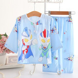 屏山人儿童睡衣夏季薄款棉绸套装长袖男童空调服绵绸女童家居服睡衣套装 定位奥特 130 CM(建议身高)