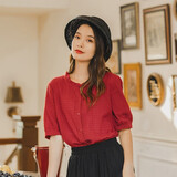 茵曼（INMAN）田园提花肌理春夏高档白衬衫女V领气质短袖上衣 红色 M 