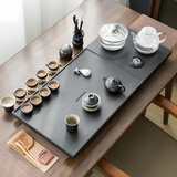 石匠同丰 整套乌金石茶盘紫砂茶具套装 带全自动电热水壶功夫茶台茶海 茶杯茶壶电磁炉茶托盘套装 闲池-底部上水玻璃套装 70*40*3cm