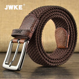 JWKE高档男士针扣帆布编织腰带弹力皮带休闲百搭松紧裤带男朋友礼物  深咖啡 100cm （建议130斤以下）