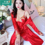 依嫚诗送礼大红性感薄吊带睡裙睡袍浴袍春秋仿真丝家居服两件长袖睡衣女 刺绣大红(睡裙+睡袍) L(95-110斤)