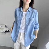 燕浔衬衫女长袖2025春秋新款时尚女装韩版叠穿宽松休闲牛仔衬衣女 浅蓝色 M 建议90-105斤