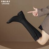 狄德拉真皮不过膝长筒靴女秋冬款厚底粗跟显瘦高筒骑士靴百搭方头长靴 黑色绒里（加宽筒围） 37 (235mm) 标准码