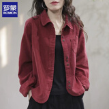 罗蒙（ROMON）灯芯绒衬衫女2026秋季新款高档宽松显瘦百搭通勤长袖外套上衣潮 红色 L 【建议95斤-115斤】