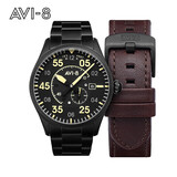 AVI-8飞行员手表男士机械表英国品牌军表夜光防水休闲腕表情人节礼物 AV-4073-33 电IP黑钢带+褐色真皮表带
