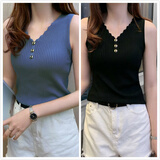 娴妃【2件装】冰丝针织打底衫女装夏季v领吊带背心无袖上衣外穿女