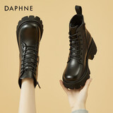 DAPHNE达芙妮马丁靴女冬季新款女靴加绒加厚复古英伦风高跟短靴冬款皮靴 黑色 加绒 跟高6.5cm 36 (230mm) 标准码