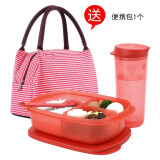 特百惠（Tupperware）微波饭盒可加热午餐便携套装 1L长方形便当盒午餐盒 长方形三格饭盒红色+包