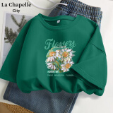 La Chapelle City拉夏贝尔纯棉短袖t恤女夏季2024年新款衣服女装休闲宽松半袖上衣 墨绿-雏菊油画 XL(建议110-120斤)