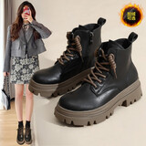 ZHR马丁靴女英伦风真牛皮舒适百搭厚底增高女靴INS网红街拍加绒短靴 黑色（G631A-加绒） 36