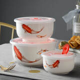 华光国瓷 抗菌骨瓷保鲜碗三件套 保鲜盒釉中彩 一人食泡面碗饭盒带盖 福鱼贺岁