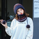 冰依茹 毛线帽子女冬天韩版潮护耳帽围脖纯色贝雷帽保暖加厚针织套头帽双层包头帽 藏青色