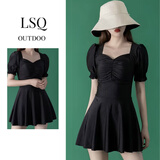 安与·洛施琪仙女范新款韩国ins遮肚显瘦保守学生连体泳衣女 黑色 L (  建议95-115斤 )