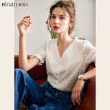 Olrain欧芮儿白色V领短袖衬衫女夏季宽松泡泡袖重工刺绣蕾丝衫衬衣女 白色 L