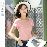 艾路丝婷夏装新款T恤女短袖上衣韩版修身体恤TX3560 浅蓝色园领 L