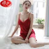 浪莎 LangSha性感睡裙女V领吊带夏季薄款仿真丝睡衣黑色低胸带胸垫蕾丝家居服女 酒红 XL(120-140斤）