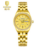 朗积（RONGISS）黄金手表商务情侣金表男士防水高档自动机械表瑞士女士纯金色腕表 条钉金色表-女款