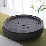 正扬紫砂茶盘托盘圆型手工小号功夫茶具套装办公茶台陶瓷干泡盘储水盘 14英寸紫砂双龙戏珠-黑色