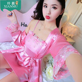 依嫚诗送礼大红性感薄吊带睡裙睡袍浴袍春秋仿真丝家居服两件长袖睡衣女 抹胸款西瓜红套装(睡裙+睡袍) L(95-110斤)