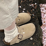 妙奕嘉勃肯鞋女春季半拖鞋女外穿博肯鞋子女厚底平底一脚蹬包头鞋休闲鞋 沙色勃肯拖鞋 36