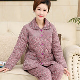 呆呆鹿中老年女士冬季加厚纯棉夹棉睡衣套装妈妈三层保暖冬天全棉家居服 99018 XL【建议120-140斤】