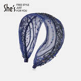 She's茜子雾夜浮光原创手工钉珠网纱宽发箍简约百搭头箍发卡头饰送女友 藏蓝色C0