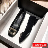 大东秘语水钻绒面单鞋2025春秋新款百搭方头浅口平底法式黑色工作鞋 黑色枪钻款 37