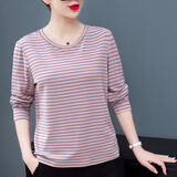 中老年女士秋衣春秋款韩版时尚妈妈款T恤减龄休闲宽松百搭单件上衣条纹大码女装2022新款200斤长. 粉色条纹 188 2XL 建议125-140斤