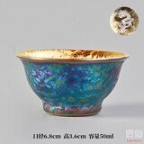 麟鹏加佳 天目釉陶瓷七彩鎏金窑变茶杯手工功夫茶具主人杯大单杯建盏高端 七彩鎏金盏（反口）-镶银请备注