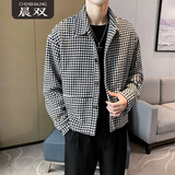 晨双夹克外套男冬季翻领短款轻熟风2024千鸟格子宽松韩版厚款毛呢上衣 黑白格 M