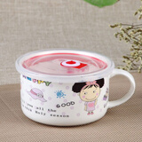 楚歌质优品带盖陶瓷泡面碗带盖密封汤杯微波炉保鲜盒卡通大号保鲜碗早餐面碗 单个女孩(无带筷勺)