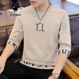 花花公子夏季t恤男七分袖春秋季送男友高端短袖衣服男装休闲秋装打底衫 米色 XL