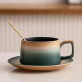 瓷牌茗茶具 欧式咖啡杯节日礼物渐变陶瓷早餐杯牛奶杯办公室水杯子马克杯 古鼎黄知心咖啡杯+碟子勺子+简装