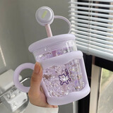 Jidaocook玻璃杯家用马克杯可爱耐热水杯女生吸管带勺盖办公室早餐咖啡杯子 450ml 紫色+吸管勺+茶漏 奶油搅拌杯
